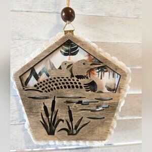 NWT Loons Birds Lake Mountains Wood Ornament Lace Christmas Holiday Decor OOAK